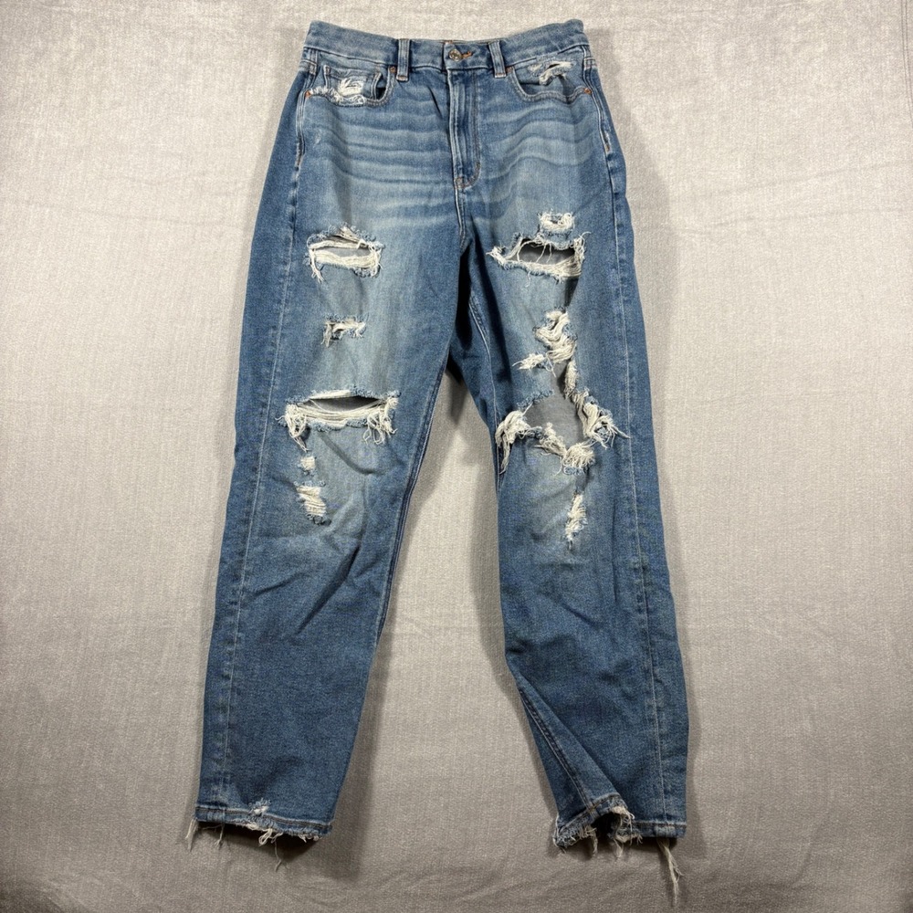 American Eagle Curvy Mom Jean Blue Distressed Frayed Hem Stretch Size 8 Regular